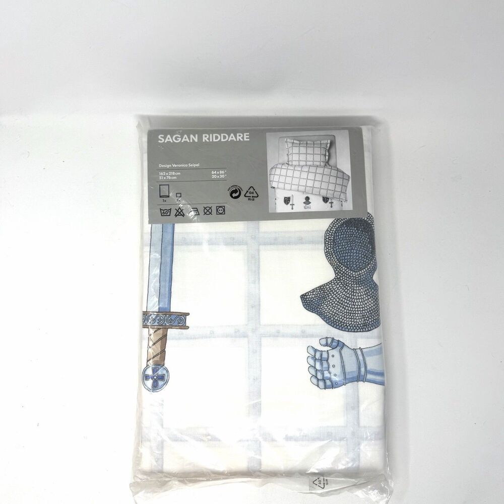 IKEA SAGAN RIDDARE Quilt Cover Plaid Cotton Twin Size NEW White Knight